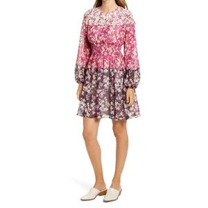 Eliza J Colorblock Floral Smocked Waist Long Sleeve Dress
